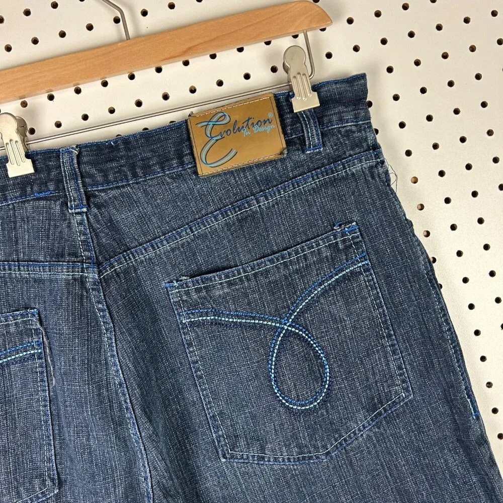 Evolution in Design Embroidered Baggy Jean Shorts Sz 40 Jorts Wide Leg Skate Y2K